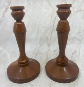 Vintage Hand Turned Cherry Wood Candlesticks Candle Holders Pair 9in tall - Picture 1 of 10