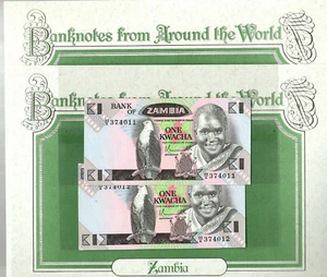 World Banknotes Zambia 1980 1 Kwacha P 23a UNC prefix 48/A 2 consecutive # - Picture 1 of 3