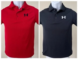 Under Armour Boys Large YLG Polo Shirt Red Black Loose Fit HeatGear - Picture 1 of 6