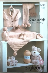 Orig Stylecraft Dk Baby Jacket Blanket Scarf Hat Mitts Bootees Knit Pattern 8295 - Picture 1 of 3