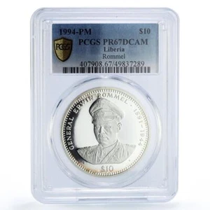 Liberia 10 dollars General Rommel Desert Fox Politics PR67 PCGS silver coin 1994 - Picture 1 of 2