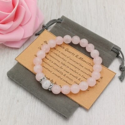 ROSE QUARTZ & MOONSTONE Bracelet Handmade Crystal Healing Gemstone Bead 6/8mm - Image 1 of 4