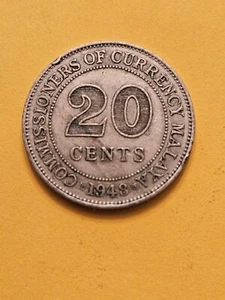 1948 MALAYA 20 CENTS WORLD COIN KM#9 GEORGE VI VF DETAIL W/RIM NICKS FREE SHIP  - Picture 1 of 2