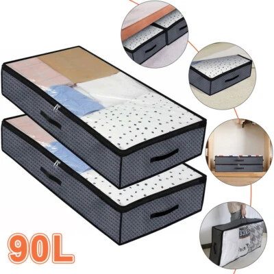 2X 90L Underbed Clothes Storage Bags Zipped Organizer Wardrobe Cube Closet Boxes - Image 1 of 4