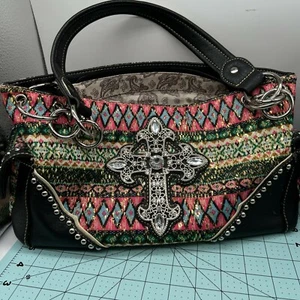 Blazin Roxx Rhinestone Cross Embroidered Western Handbag Black Multi Color Purse - Picture 1 of 11