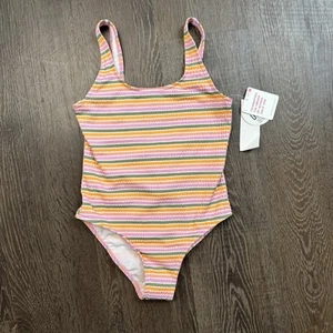 Roxy Girls Swimsuit Size 12 One Piece Low Back Striped Beach Colorful NEW - Picture 1 of 13