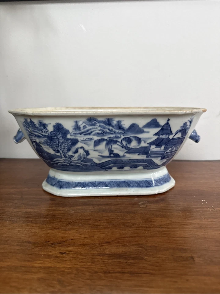 Antigua puré de porcelana de exportación azul cantón chino 13 X 8,75 X 5 asas de jabalí Foto 1 de 4