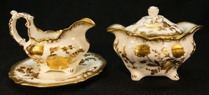 1940s England Hammersley Bone China Golden Floral Creamer w/Underplate & Sugar - Picture 1 of 5