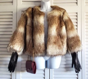 BOSTON PROPER Chubby TAN MULTI Women's Faux Fur Jacket 3/4 Sleeve, Size XS, NWT - Picture 1 of 11