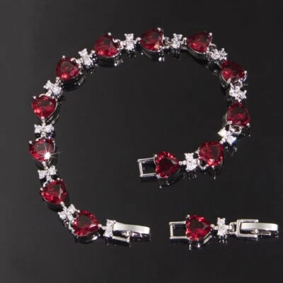 Nuevo Love Heart Rojo Fuego Granate Piedras Preciosas Plata Dije Mujeres Niña Moda Pulsera Foto 1 de 4