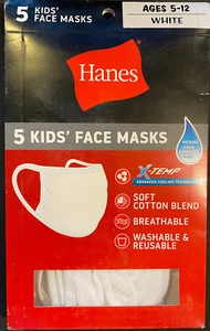NEW Hanes White Face Masks Kids Ages 5-12 (1 Pack = 5 Masks) - Picture 1 of 3