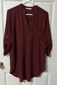 ÜPPIGE durchsichtige Chiffonbluse Damen 3/4 Rollen Tab Ärmel burgundisch/kastanienbraun klein - Bild 1 von 8