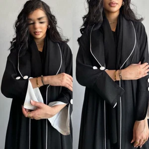 Muslim Women Open Abaya Front Cardigan Maxi Dress Kaftan Dubai Islamic Robe - Foto 1 di 27