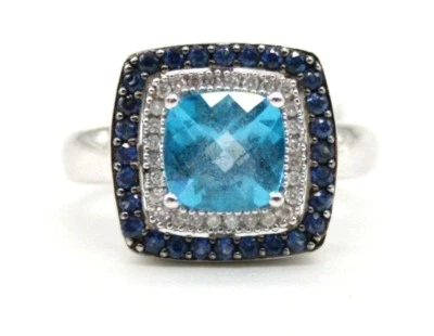 Anillo Le Vian Oro Blanco 14K Halo con Topacio Azul, Diamantes y Zafiros.Talla 7 Foto 1 de 4