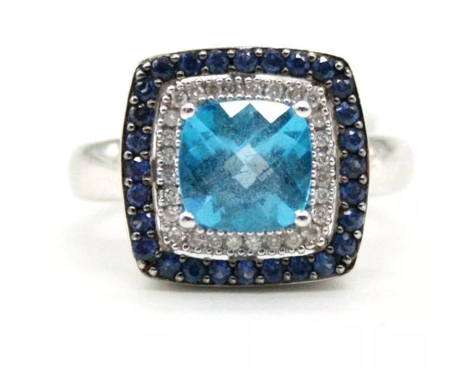 Anillo Le Vian Oro Blanco 14K Halo con Topacio Azul, Diamantes y Zafiros.Talla 7 Foto 1 de 1