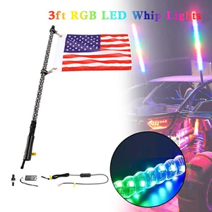 3ft RGB LED APP Whip Lights Antenna W/ Flag Remote Control For Polaris UTV ATV - Picture 1 of 16