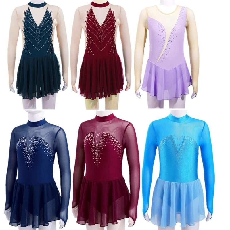 Girls Sparkle Dance Leotard Dress Mesh Splice Figure Ice Skating Dress Dancewear - Image 1 of 1