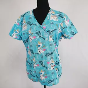 Disney Scrub Top Womens Medium Blue Frozen Olaf Short Sleeve Medical Uniform - Picture 1 of 9