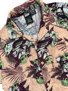 Star Wars Mandalorian Baby Yoda Grogu Hawaiian Button Up Rayon Shirt Peach READ - Picture 1 of 7