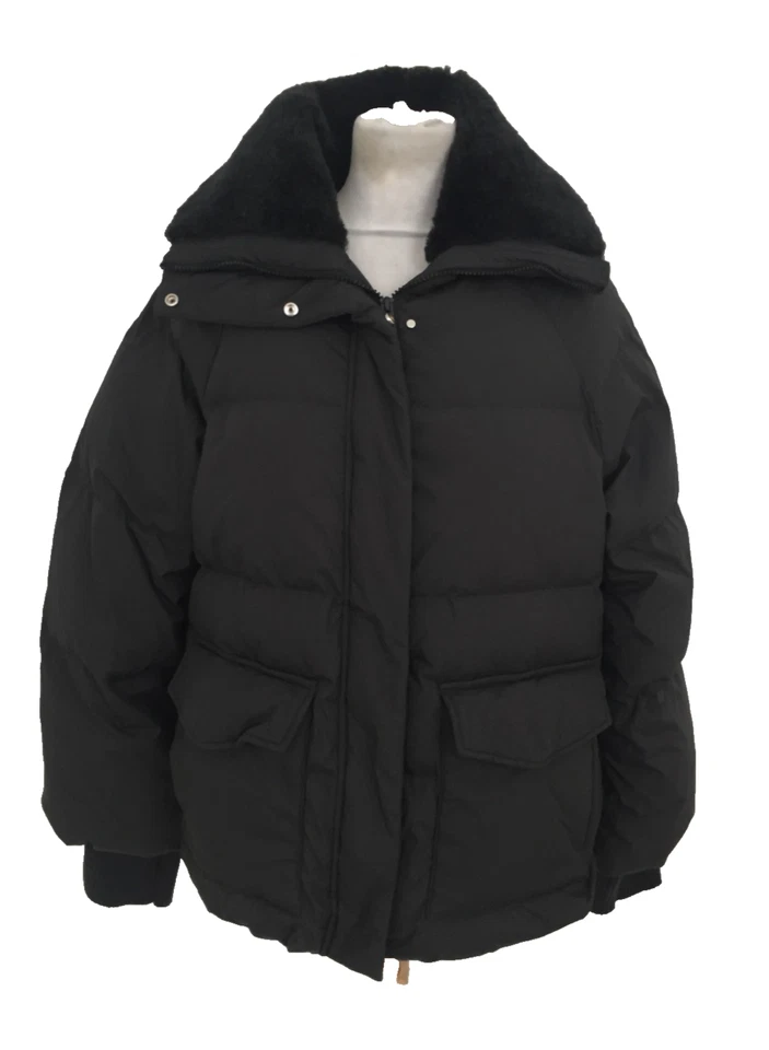 M&S Women's Puffer Jacket Size 10 Solid Black Fleece Neck Square Pocket Used F1 - Image 1 of 4