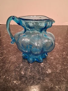 Vintage MCM Blue Art Glass Mini Pitcher Creamer 4" Tall - Picture 1 of 5