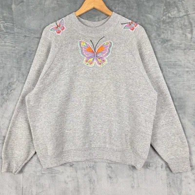 Womens Sweatshirt Large Gray Vintage Y2K Butterfly Fleece Sweater Pullover USA - Image 1 of 4