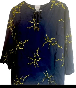 Jaclyn Smith Kimono Dark Blue Embroidered Tunic Top L Accent Beaded Tie 45” Bust - Picture 1 of 7