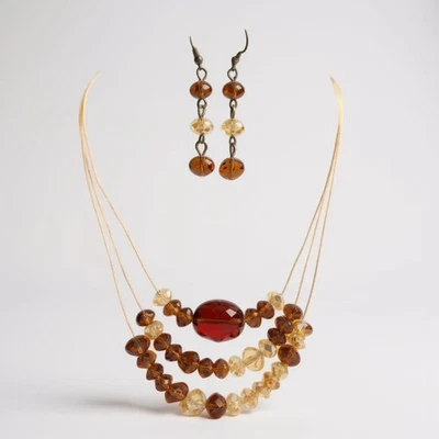 Juego de pendientes collar cuentas vidrio facetado topacio marrón tres capas Foto 1 de 2