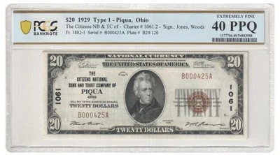 OH 1929 $20 ♚♚PIQUA, OHIO♚♚ PCGS 40 PPQ, CHARTER 1061.2 - Image 1 of 4