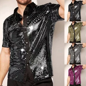 Men's Button Down Short Sleeve Disco Shirt with Shiny Sequins 70s Style - Picture 1 of 24