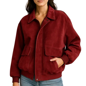 Womens Genuine Suede Leather Jacket Real Lambskin Soft Bomber Style Winter Coat - Picture 1 of 8