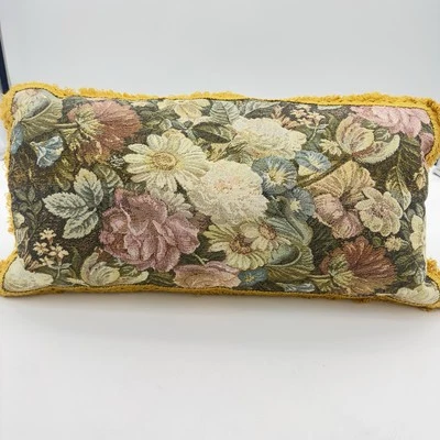 VTG Floral Tapestry Gobelin Silk Lined Lumbar Pillow Down Filled 21x11 Stunning - Image 1 of 4