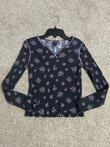 Mädchen rosa/schwarz geblümt Top Größe 10/12 - Bild 1 von 3