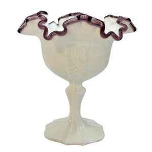 Vintage 6" Fenton Plum Crest Ruffled Top Milk Glass Footed Compote Candy Dish - Picture 1 of 24