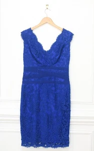 Tadashi Shoji Blue Lace Embroidered V-Neck Fitted Sheath Cocktail Dress Size 10 - Picture 1 of 14
