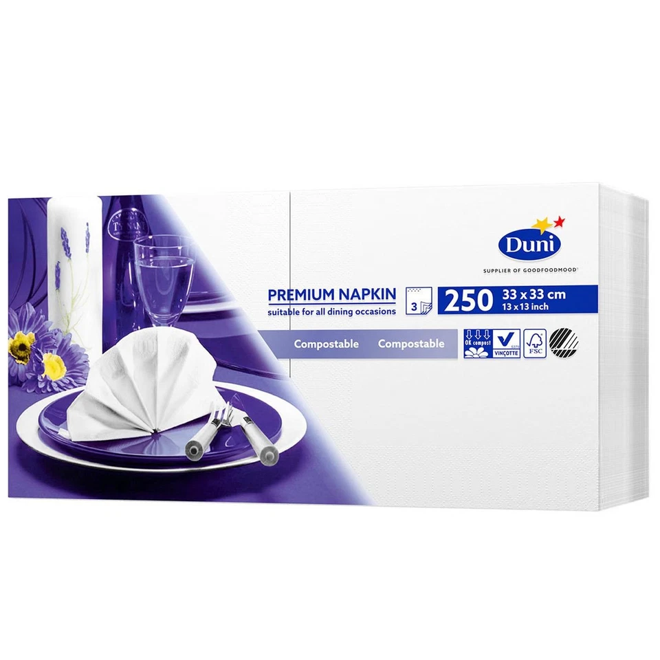 Duni 250 White Premium Napkins 3 Ply Approx 33 X 33cm Compostable