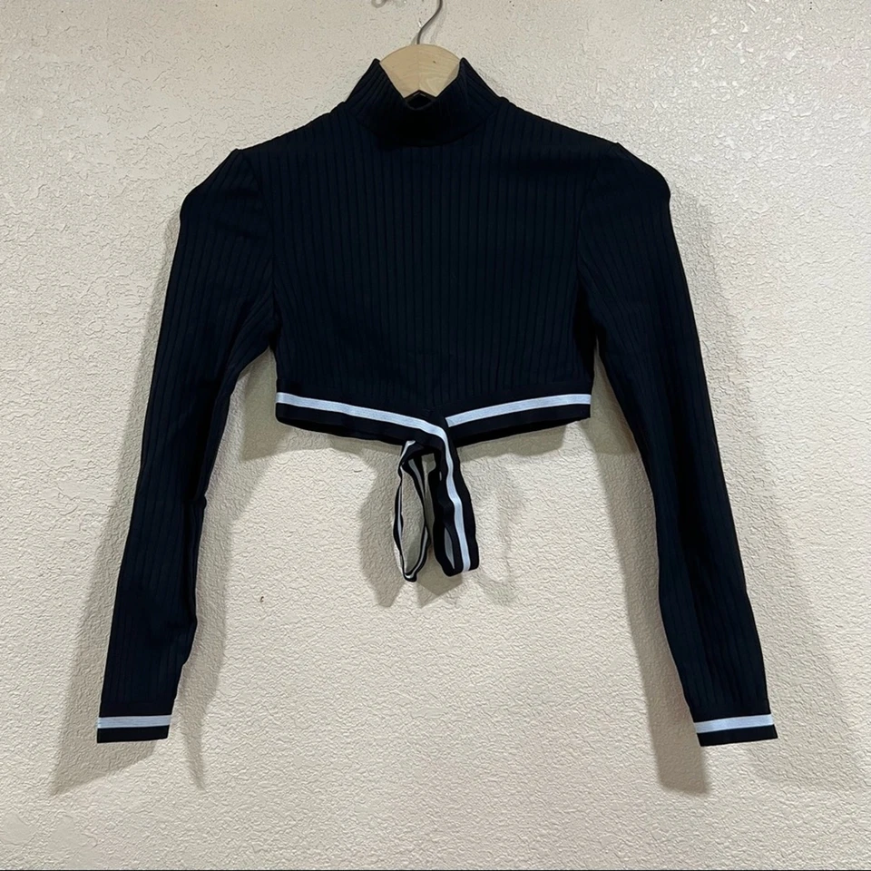 MICHI Black White Apex Ribbed cropped mock neck striped straps cutout Top SMALL - Image 1 of 4
