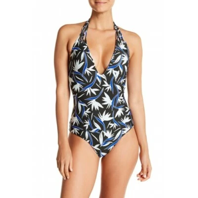 Traje de baño Mikoh para mujer verde y azul halter cuello en V de una pieza L44242 talla mediana Foto 1 de 2