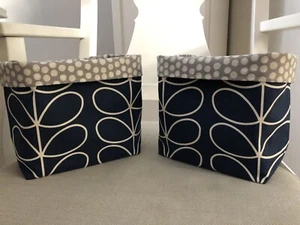Handmade Orla Kiely Navy Blue Stem Print Fabric Lined Storage Baskets Set Of 2 - Picture 1 of 3