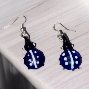 Glass Beads Ladybugs Pierced Earrings Dangling Blue with White Dots Costume - Picture 1 of 3