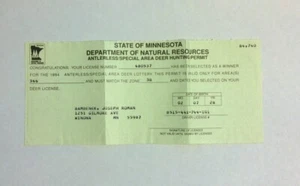 Hunting/Fishing Licenses: MN 1994 Antlerless/Special Area Deer Hunting Permit - Picture 1 of 2