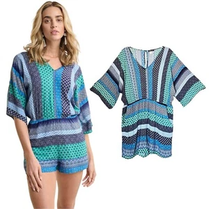Venus V-Neck Printed Romper Size XL Blue Green Patterned Dolman Sleeve - Picture 1 of 10