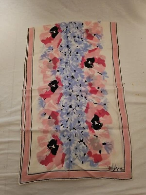 Vera Neumann Scarf 13.5" X 42" Pink And Blue Floral Silk & Rayon Made In Japan - Image 1 of 3