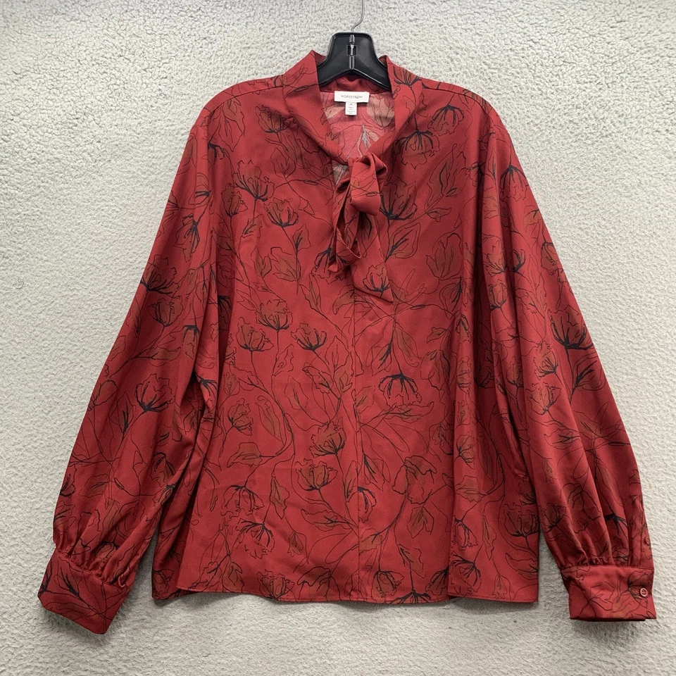 Новый Nordstrom черный красный цветочный шеи галстук бант деталь размер v-образным вырезом блузка 2 X - Изображение 1 из 4