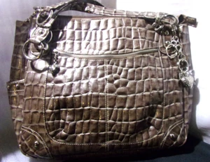 Kathy Van Zeeland  large beige/brown Patent Faux Croc-Embossed Bag with charms - Picture 1 of 12