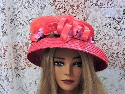 Sombrero vintage de satén y paja rojo y púrpura de la iglesia Derby de Pascua para damas Foto 1 de 4