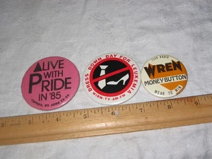 THREE Topeka,KS  Pinbacks Alive w/ Pride in 85+ WIBW-TV Leukemia+ 1250WREN Money - Picture 1 of 1