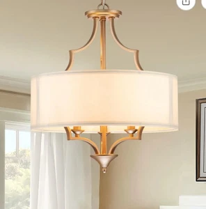 Lámpara de araña 3 luces estilo vela tambor sombreado techo colgante luz dorada - Imagen 1 de 4