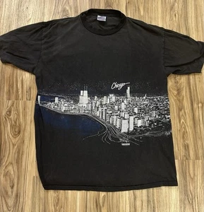 Vintage Hanes San Segal Single Stitch Shirt XL Chicago Skyline Print 1989 Black - Picture 1 of 4