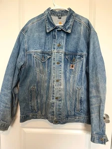 Giacca vintage Carhartt blu denim uomo XL (J12DST) abbigliamento da lavoro invecchiato camionista USA - Foto 1 di 15